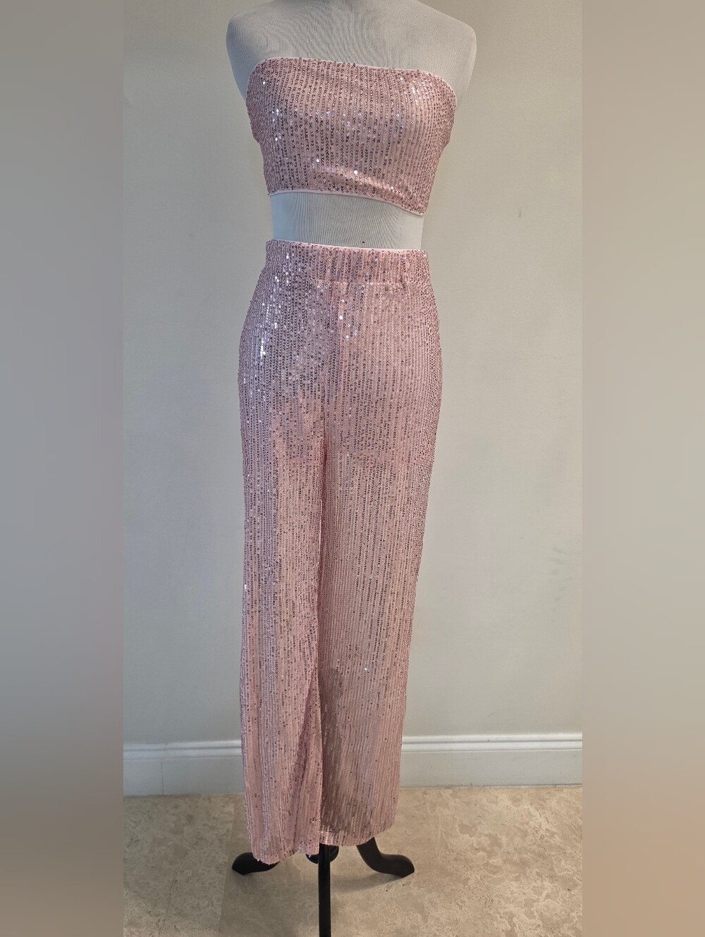 Women's Sequin Wide-Leg Pants & Top- Pink